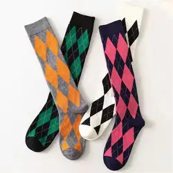 Women's Socks Spring Vintage Long Socks School Collage Style Diamond Plaid Diamond  Checkered High Tube Stockings Streetwear