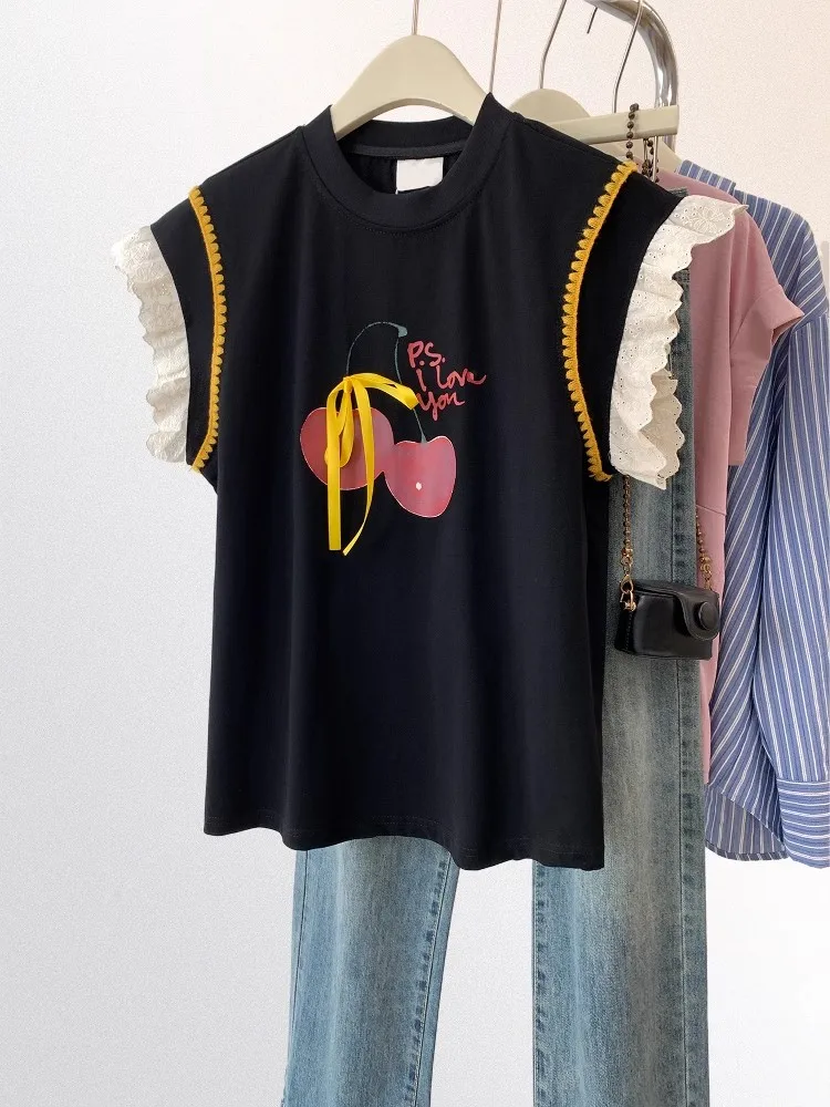 

Loose Round Neck T Shirt Women Spliced Lace T-shirts Streetwear Design Sense Niche Tops 2025 Summer New