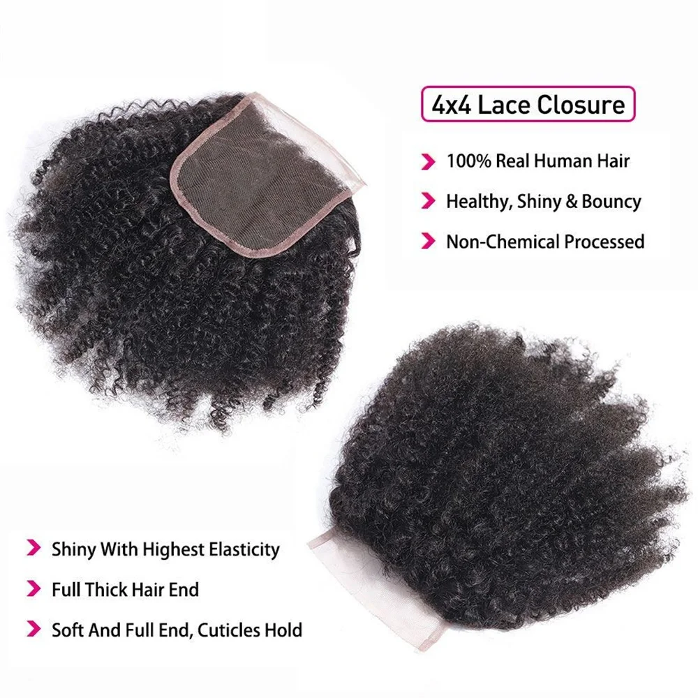 Fechamento encaracolado perverso do laço do cabelo humano do Afro, somente extensões do fósforo, 4B, 4C, 4x4, cabelo 100% humano