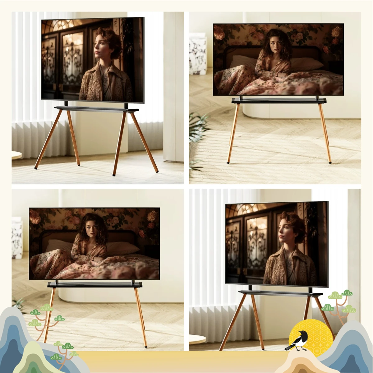 TV Floor Bracket Bedroom Living Room Vertical Modern Simple Hanger Solid Wood Universal Art Display Rack