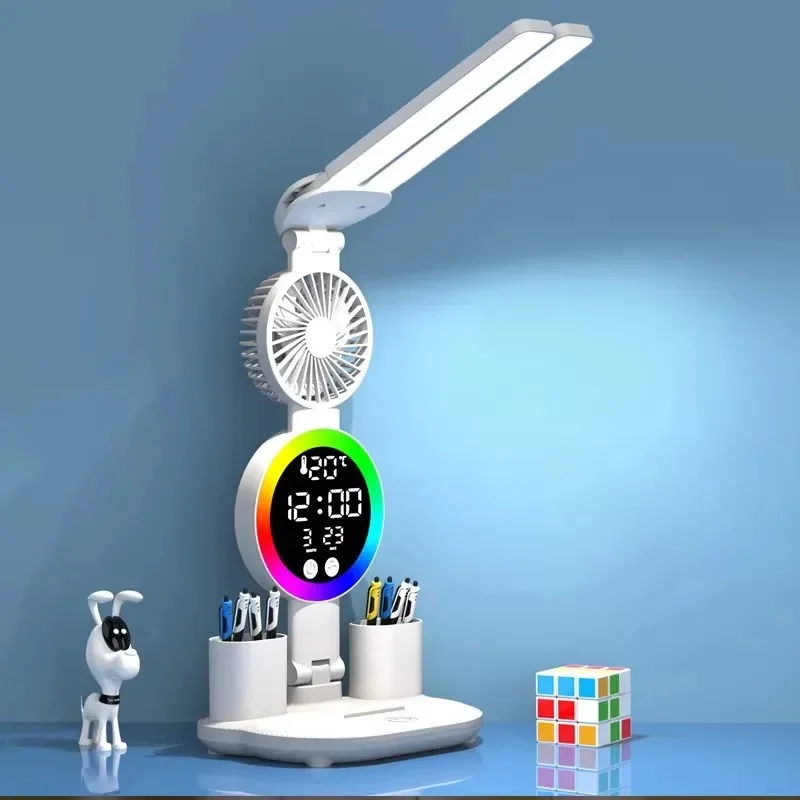 

Multifunctional LED Desk Lamp with Fans Clock Adjustable Eye-Caring Table Lamp for Home Office College Dorm