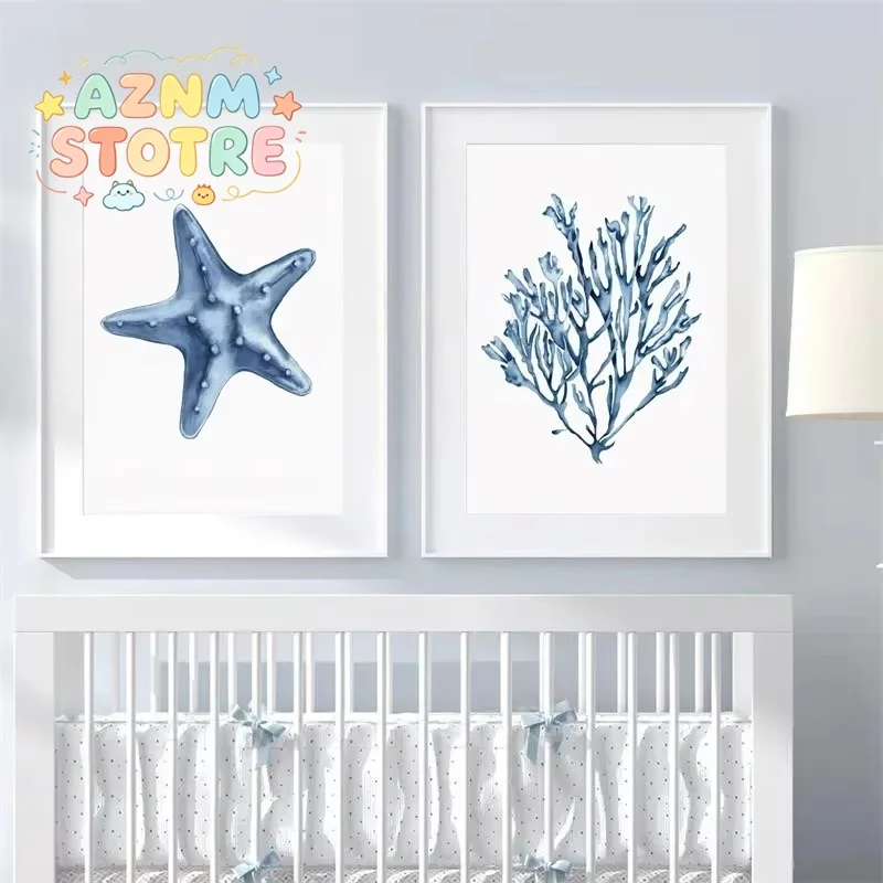Coral Seaweed Starfish Shell Conch Navy Blue Posters Prints Wall Art Canvas Painting Pictures For Living Room Decor