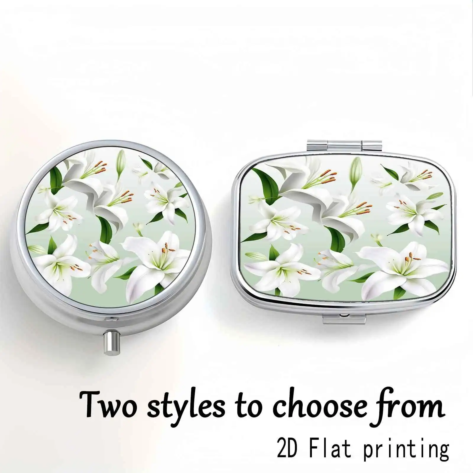 White Lily Flower Pattern, Two Square Compartments, Three Round Compartments, Two Small Medicine Boxes, Portable Medicine Storage, Small Jewelry Storage, Suitable for Handbags or Travel, Fresh and Elegant, Ideal as Gifts, Souvenirs, Prizes, or Small Presents