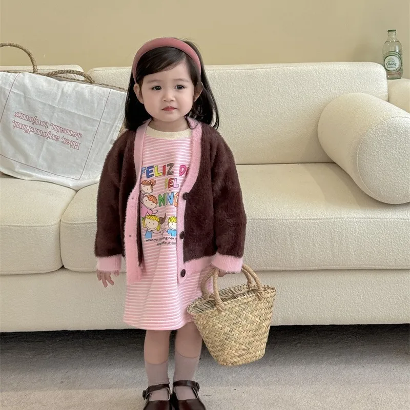 

2024 New Girls Spring Autumn Two Piece Sets Undershirt Sweater Knit Coat Loose Soft Fashion All-match Outdoor Sweet