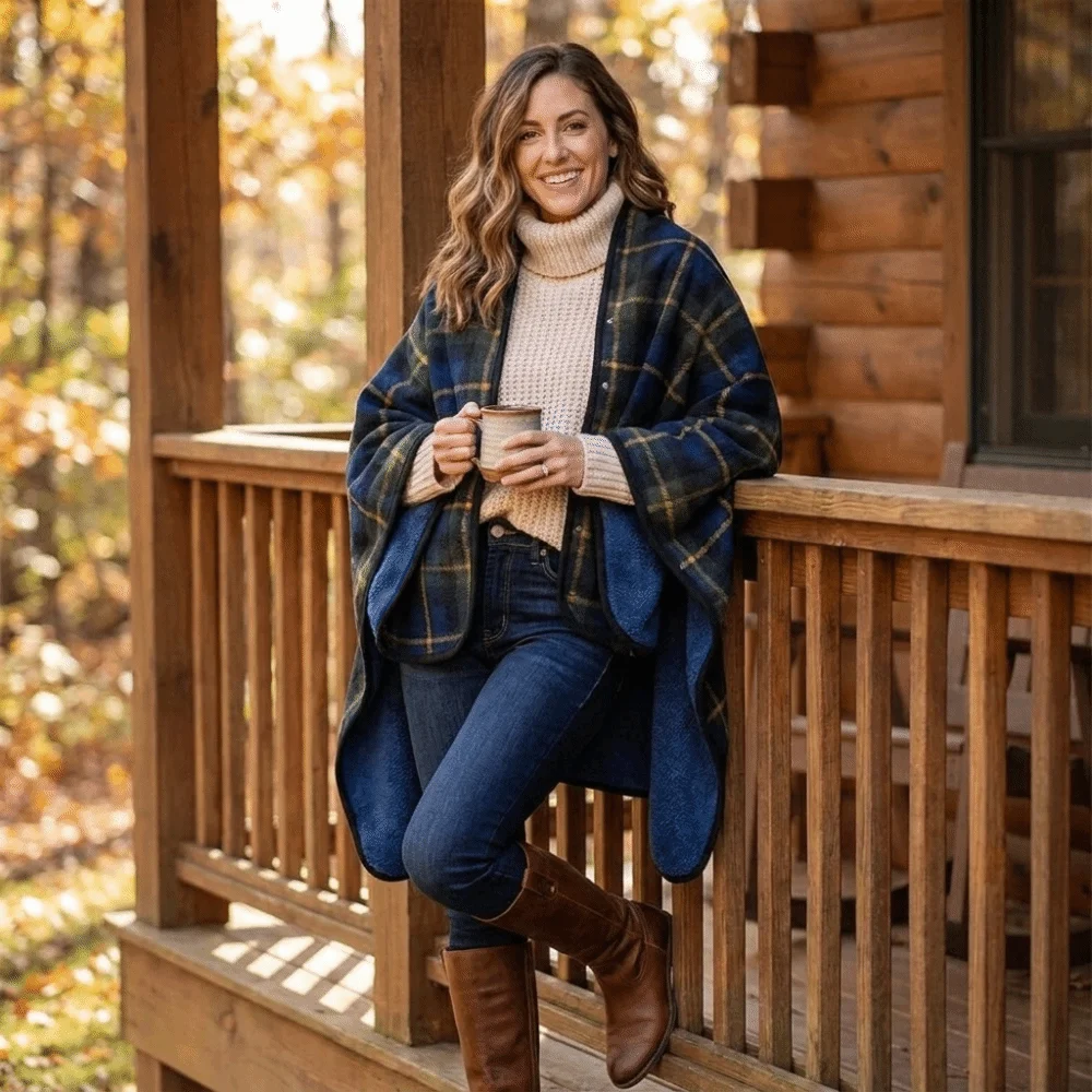 Flannel Material Wearable Blanket Button Closure Plaid Pattern Shawl Blanket Lightweight Thick Knit Wrap Blanket Sofa
