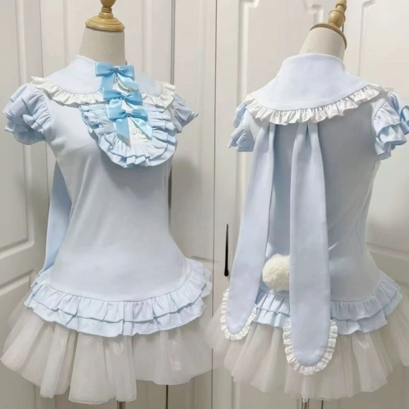 

Fashion Black Pink Blue Slim Lolita Bow Patchwork Tops Summer Sweet Japanese Short Sleeve Kawaii T-shirts Chic Skinny Lovely Top