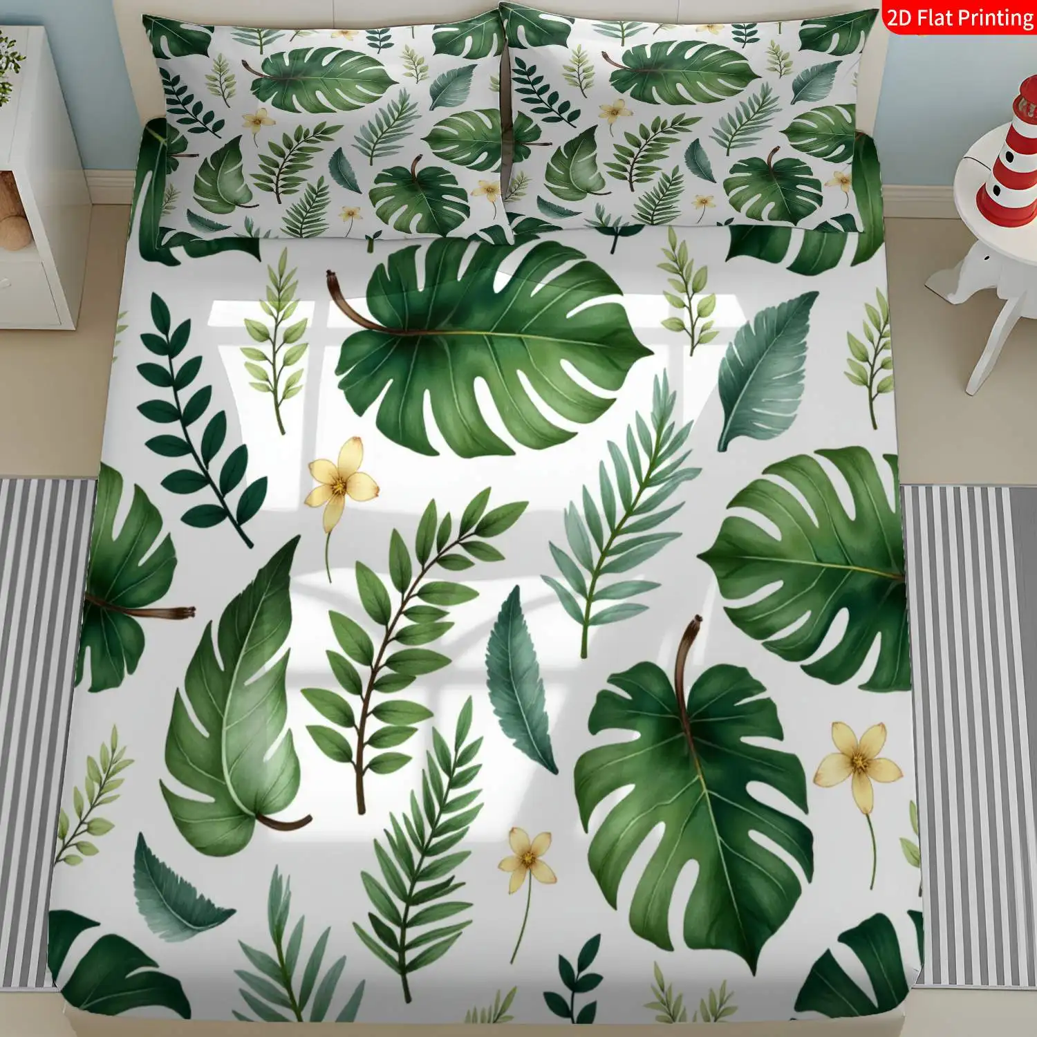 Flat-printed fitted sheet, tropical leaf pattern bedding, 2D digital print three-piece bedding set (includes 1 fitted sheet + 2 pillowcases), 3-piece set, large-capacity deep-pocket 2D printed fitted sheet and 2 pillowcases, mattress protector, fitted elastic style, protective cover, mattress protector, machine washable design, holiday decoration, various sizes, breathable protective cover with pillowcases