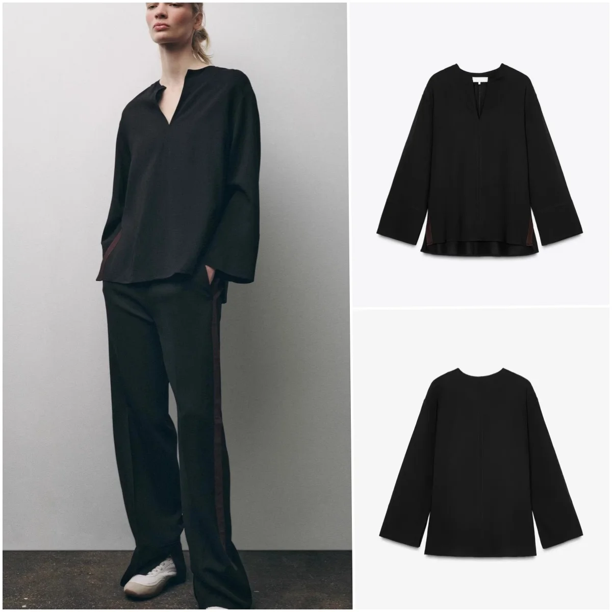 Solto longo sve v-ne briti sle irt feminino primavera nova listra lateral decorado topo fibra de poliéster 00% cor pura