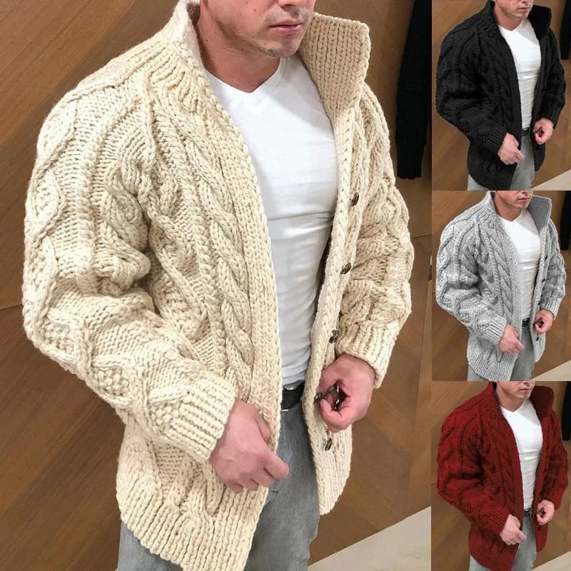 

Winter Jacket Loose Mens Jacquard Knitted Cardigan Long Sleeve Warm Sweater Solid Color Casual Mens Coats