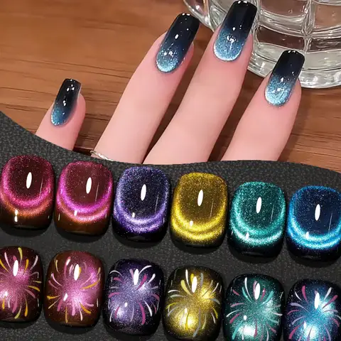 6pc 12 Colors Available Reflective Cat Eye Magnetic Soak-Off UV LED Gel Nail Polish, Fashion Holographic Nail Art Tools For Women