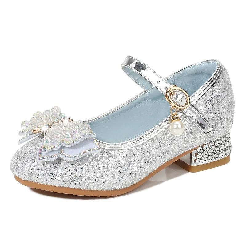 2024 New Children High Heels Rhinestone Pearl Bow Princess Girls Party Dance Leather Shoes Crystal Butterfly Kids Wedding Shoes