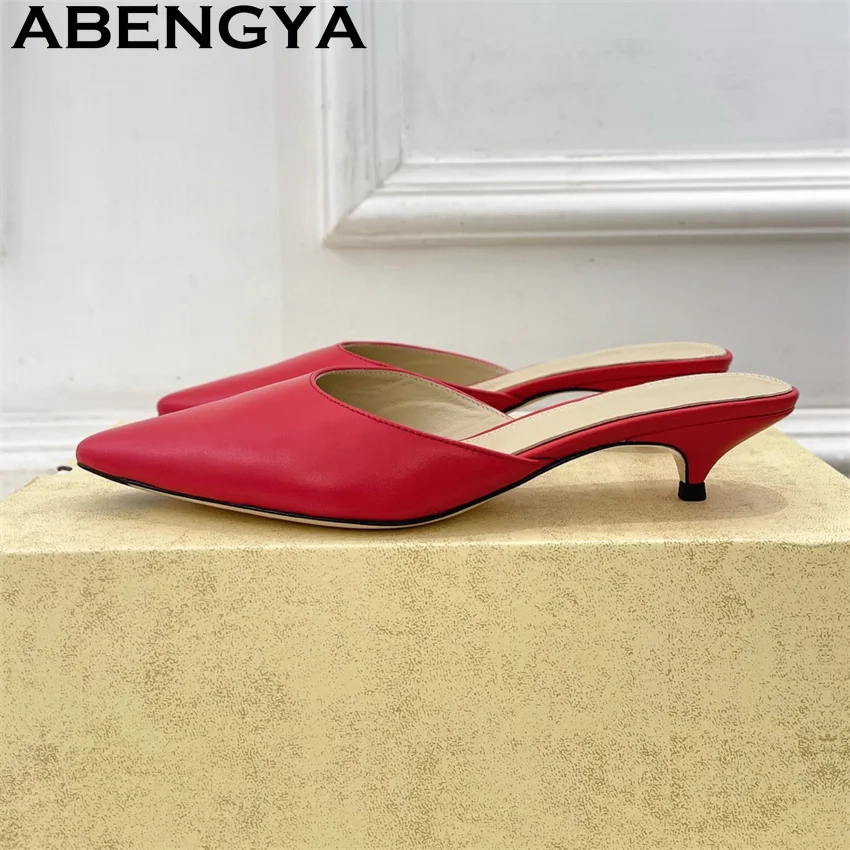 

Pointy Wrap Toe Kitten Heels Slippers Women Genuine Leather Mid Heel Mules Slippers Summer Sexy Dress Party Shoes Mujer