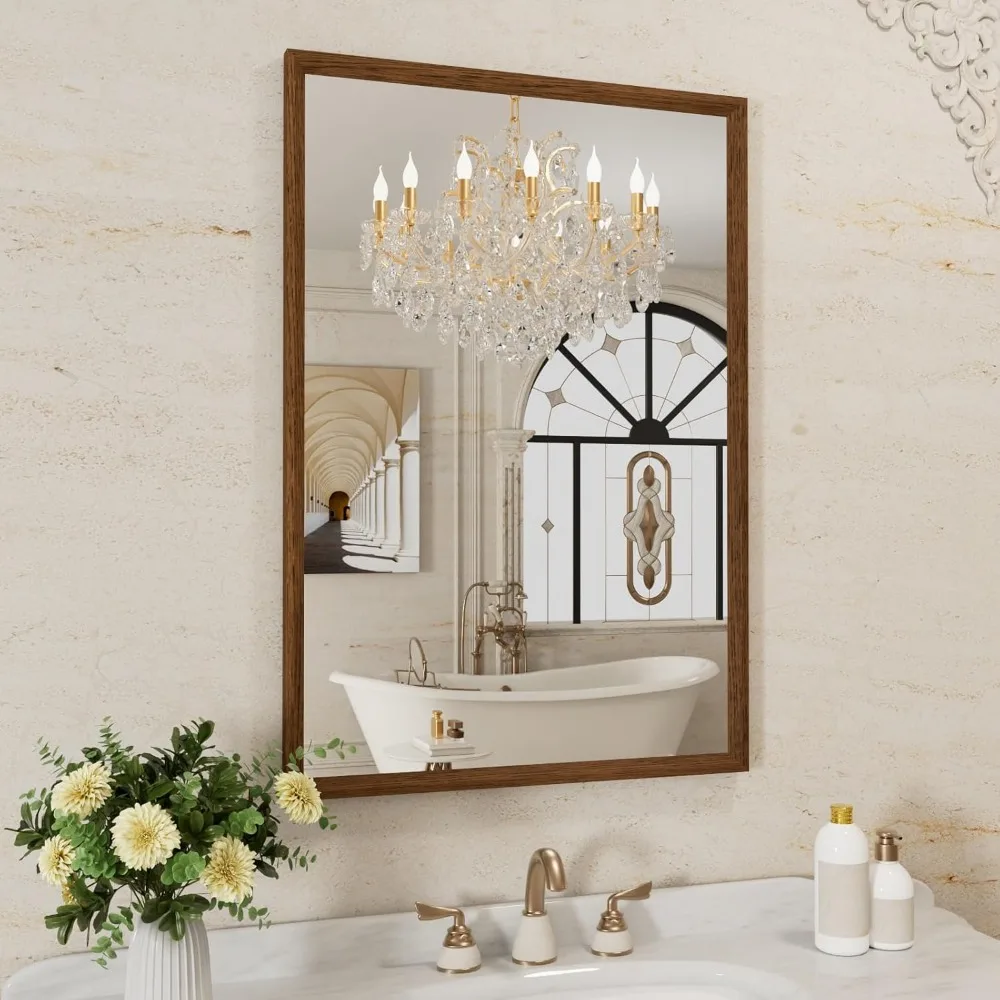 

24x36 Inch Walnut Wood Grain Framed Bathroom Mirror, Shatterproof Tempered Glass, Horizontal or Vertical Mount