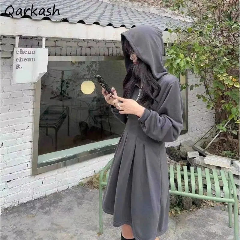 

Hooded Pleated Mini Dress Women New Autumn Sporty Style Ulzzang Streetwear Simple Casual Preppy Girls Designed Aesthetic Trendy