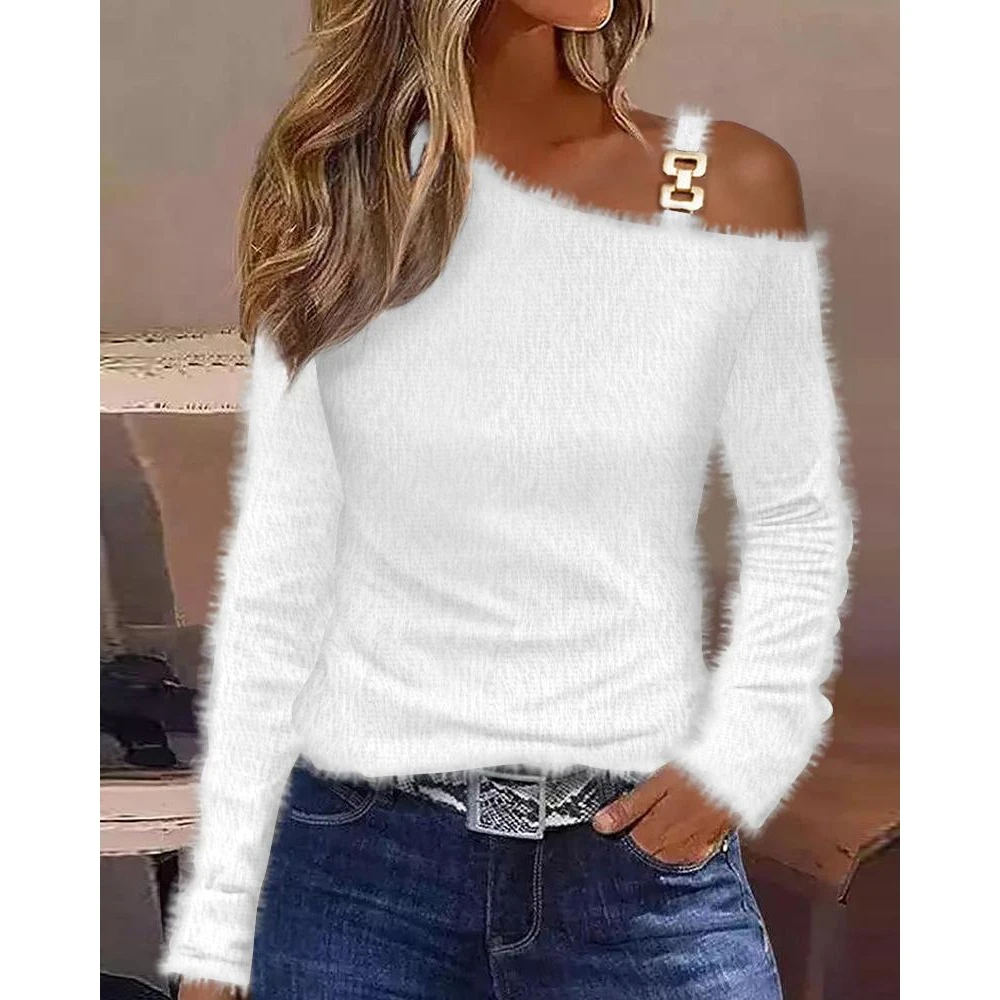 

Fashion Women Cold Shoulder Long Sleeve Fluffy Top 2023 Femme Casual Long Sleeve Top Office Lady Skinny Tee Shirts ’traf