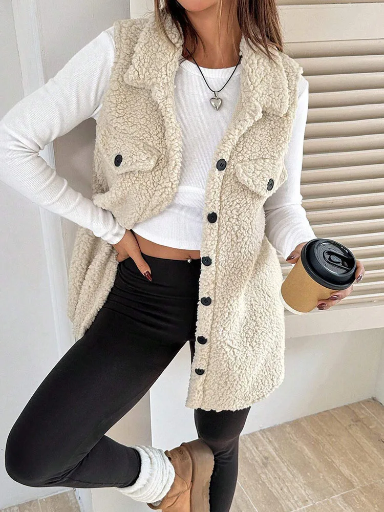 Women's Autumn Winter Turn Collar Lamb Wool Plush Warm Vest Jacket