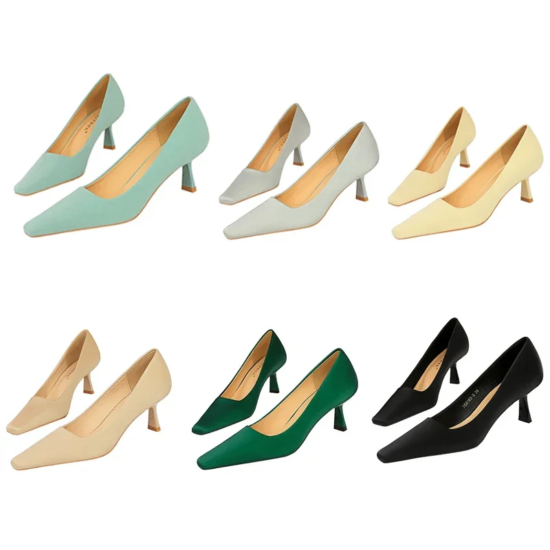 Women 6cm High Heels Fashion Versatile Square Toe Office Pumps Lady Satin New Strange Kitten Low Heels Light Green Shallow Shoes