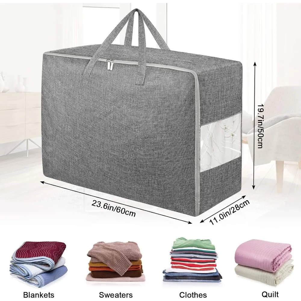 84L Extra Large Storage Bags for Moving, Folding Closet Organizers with Strong Handles & Clear Window, Grey 2-Pack