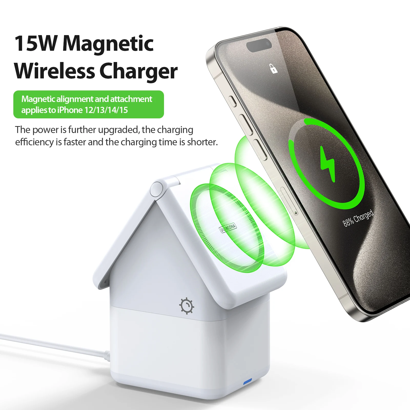 

DUZZONA 4-in-1 House-shaped Magnetic Wireless Charger Stand 15W, Ambient Night Light & Powerful yet Versatile & Charging Whilst