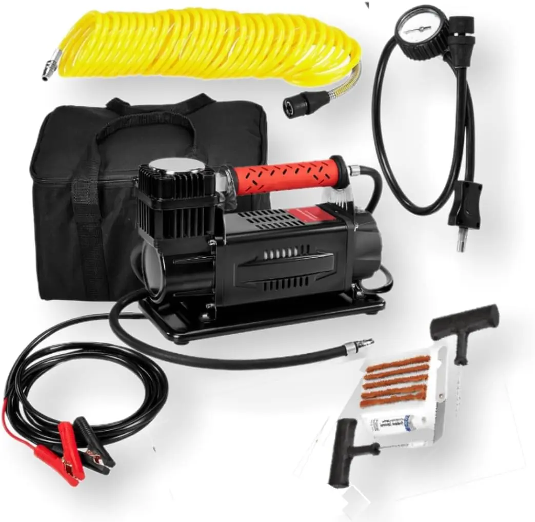 High Performance Tire Inflator With Emergency Tire Puncture Repair Kit - Heavy Duty Portable 12V Air Compressor Fills Tires For