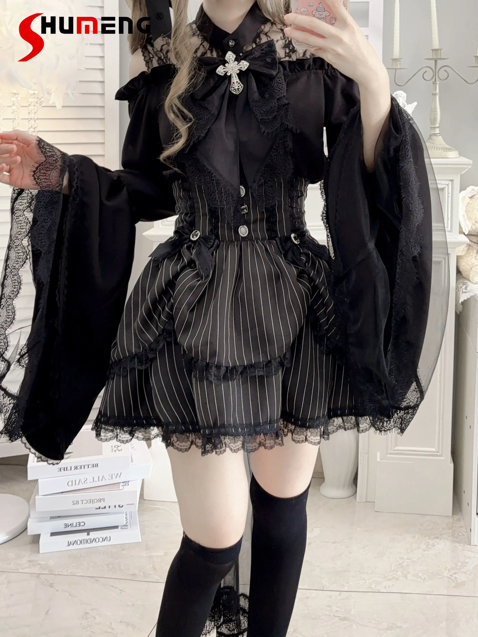 

Original Design Mine Series Mass-produced Black Lolita Skirt Women's High Waist Gothic Lace Skirt Burgundy Long-sleeved Shirt