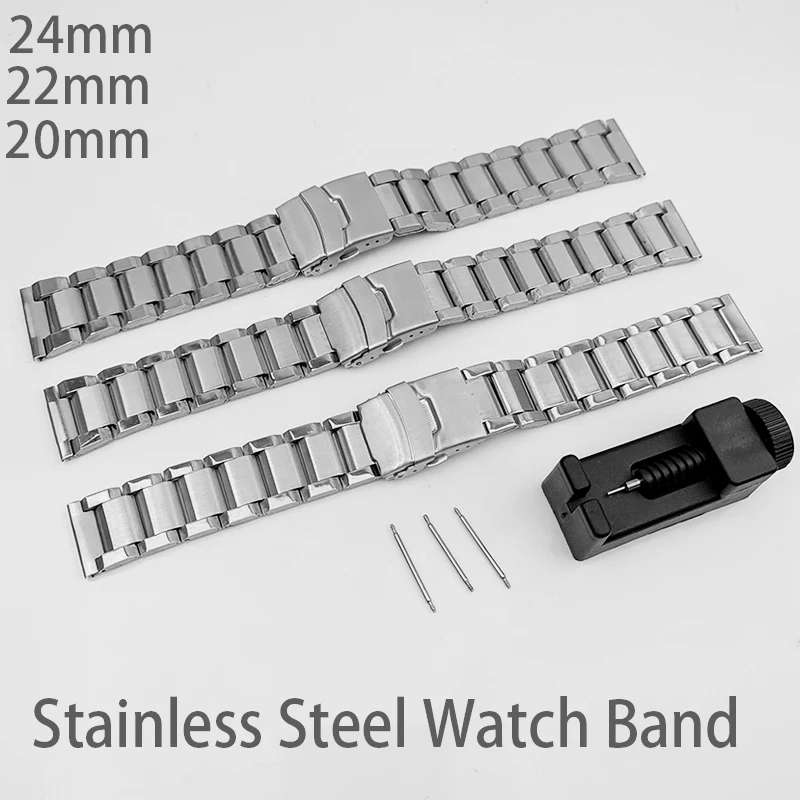 Silver Security Buckle Stainless Steel Piece Watch Band 20mm 22mm 24mm Watch Strap Wrist Bracelet 3 Beads Belt with Pins Silver