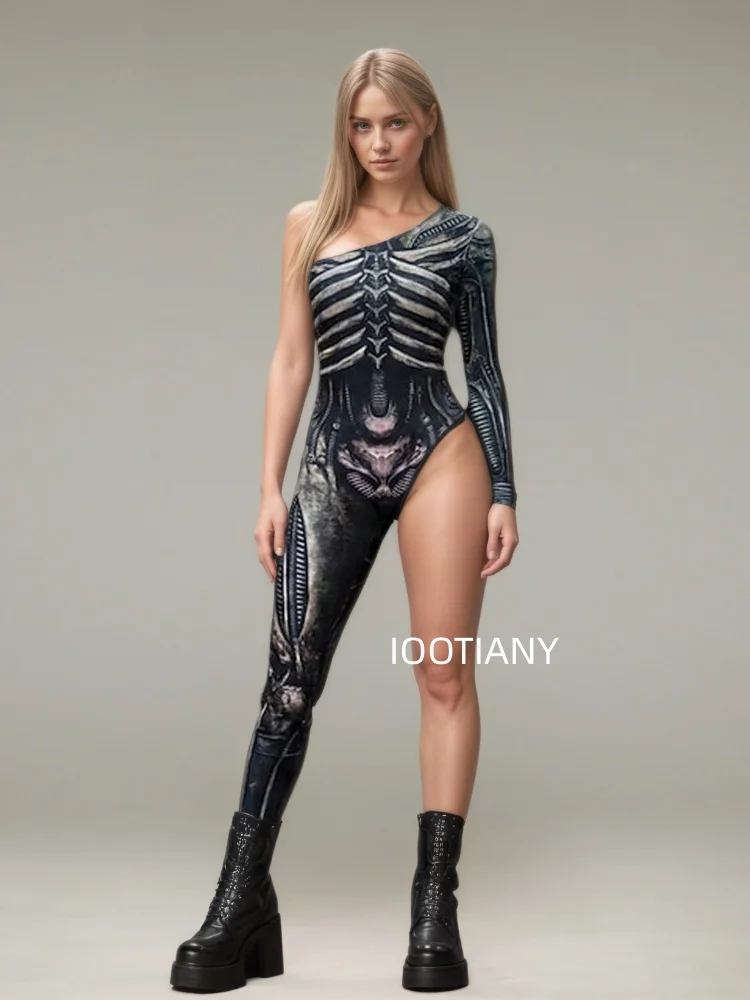 Gotischer Halloween-Skelett-Print-Bodysuit für Damen, One-Shoulder, einlanger Ärmel, asymmetrischer, enger Jumpsuit, Bühnen-Rave-Outfit – Detail 24