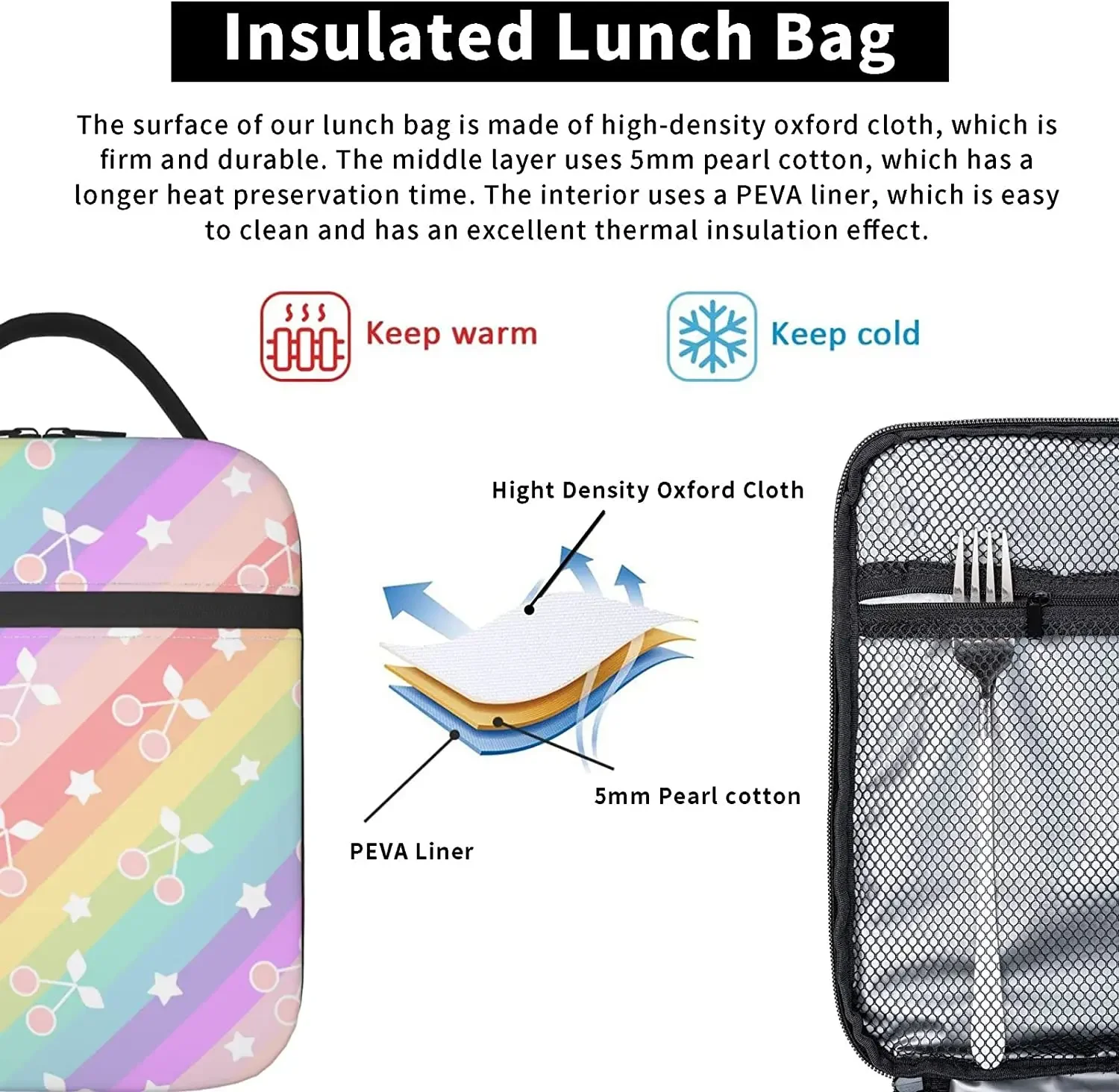 Rainbow Cherry Lunch Bag for Women Kids Insulated Lunch Bag Waterproof Lunch Box Bag Work Shcool Picnic One Size Cute Bag