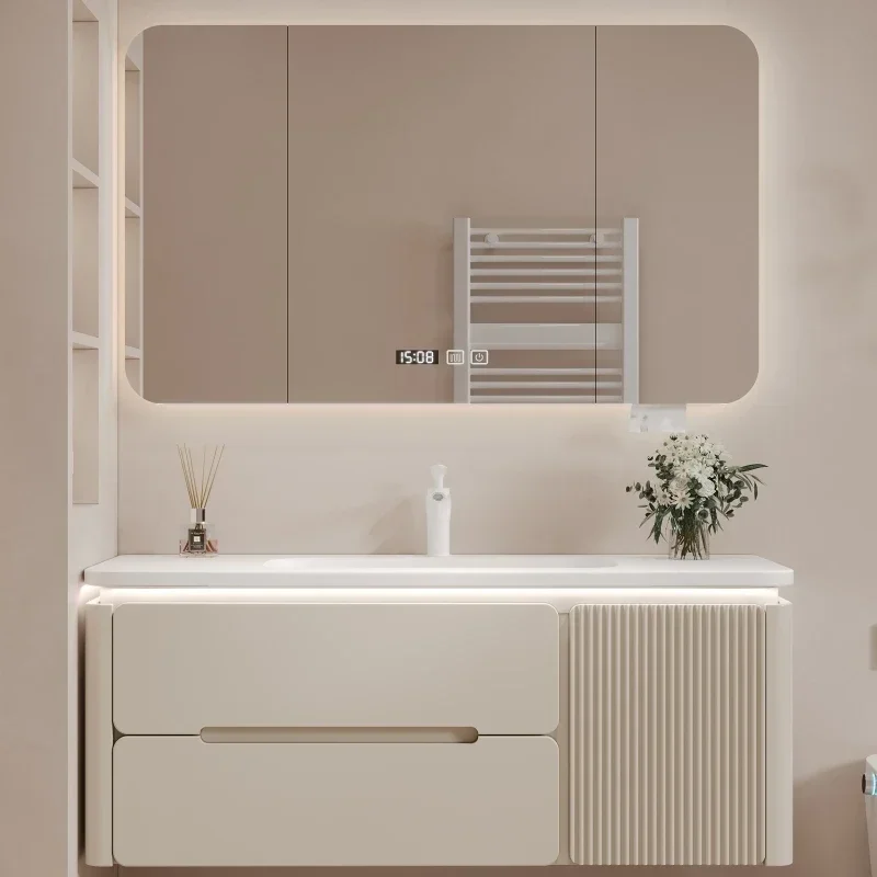 Lavabo integrado de cerámica, mueble de baño de roble, armario de almacenamiento, lavabo color crema, muebles personalizados YX50BC
