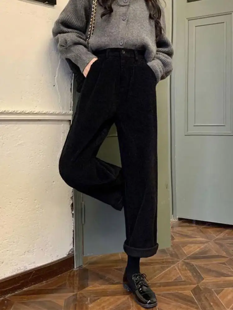 zjaiss Vintage Corduroy Pants High Waist Spring Straight Trousers Causal Pockets All Match Female Black Korean Pants