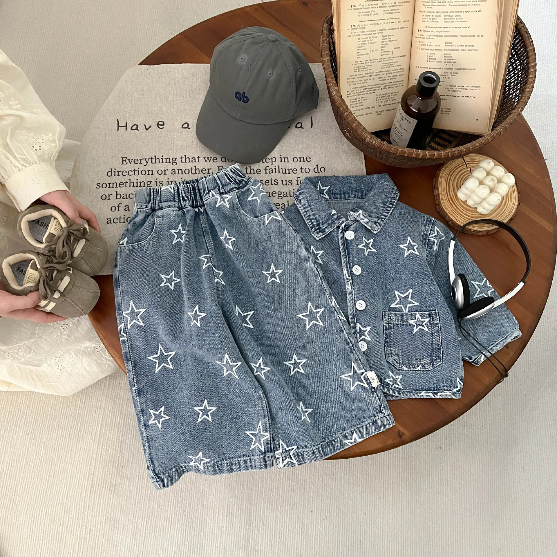Denim Baby's Sets Cool Boy Spring Denim Suit New Baby Fashion Star Jacket Casual Straight Leg Pants 2Pcs Set