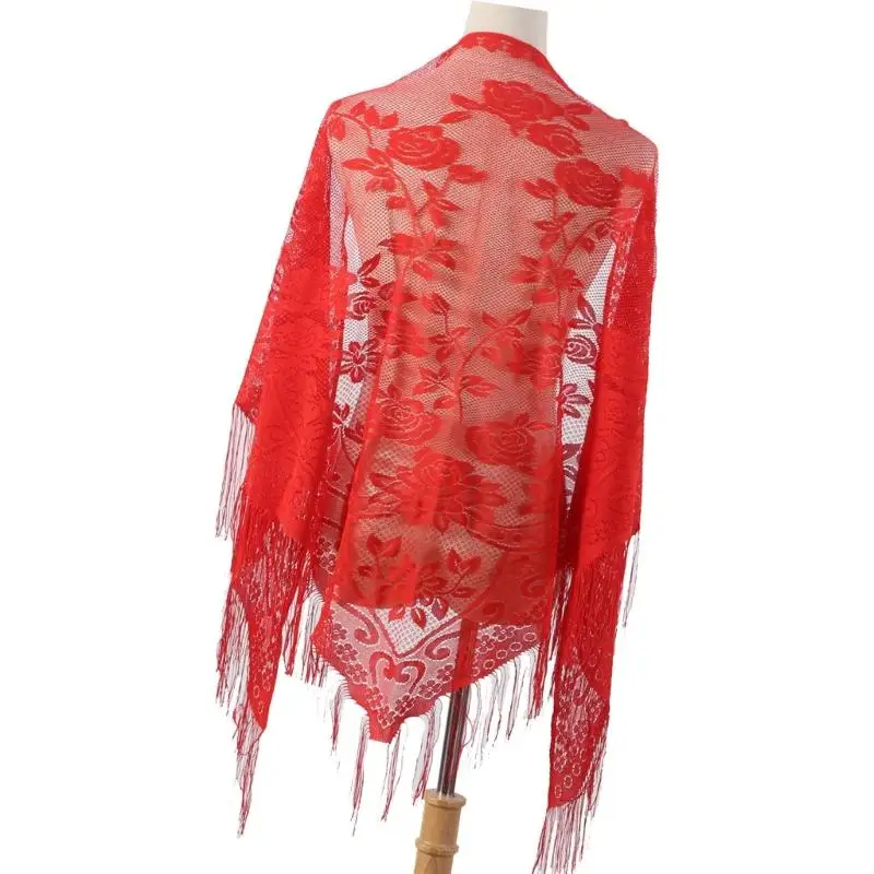 652F Elegante sciarpa in pizzo con nappe, scialle a fiori multiuso per varie occasioni outfit, spallaccio resistente sole