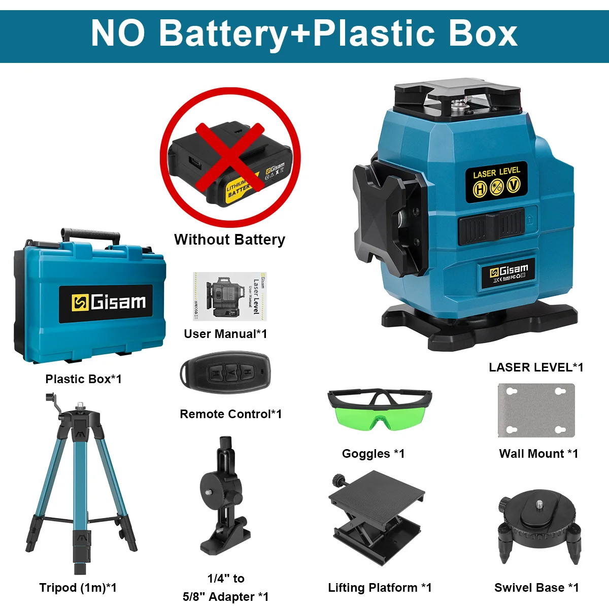 Gisam 16-Linien 4D-Lasernivelliergerät 360° Vertikal- & Horizontal-Laser Professioneller Superkraft-Grünstrahl für Makita 18V-Akku
