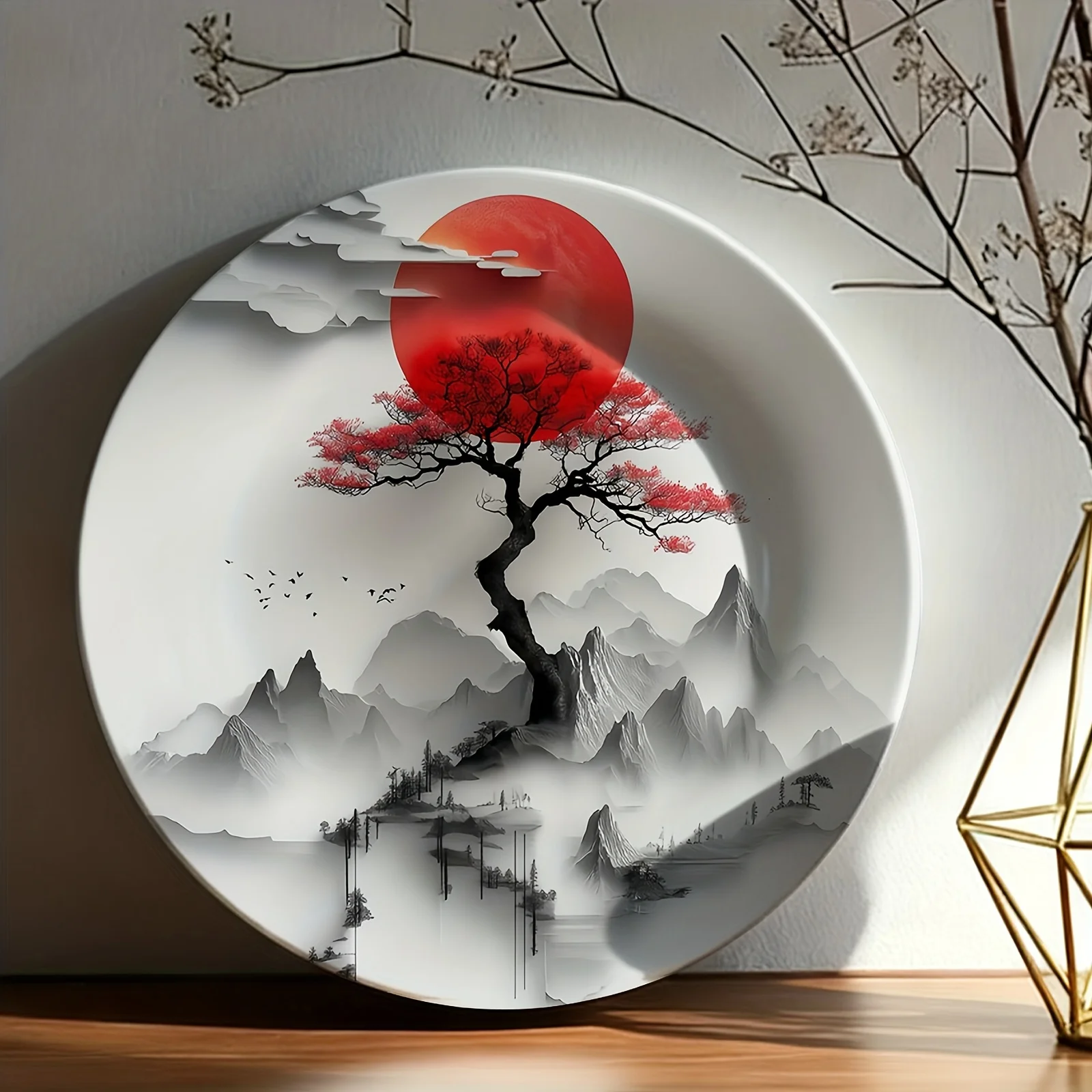 1pc Chinese-Inspired Red Sunset & Black Mountain Landscape Ceramic Wall Art Plate - Non-Food Contact Decorative Round Plate