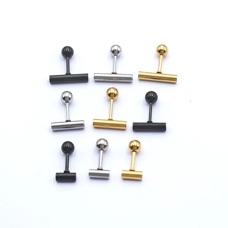 20G Screw 0.8*6mm Stainless Steel With Round Gold-color Stud Earrings Simple Long Strip One-character T-bar Stick