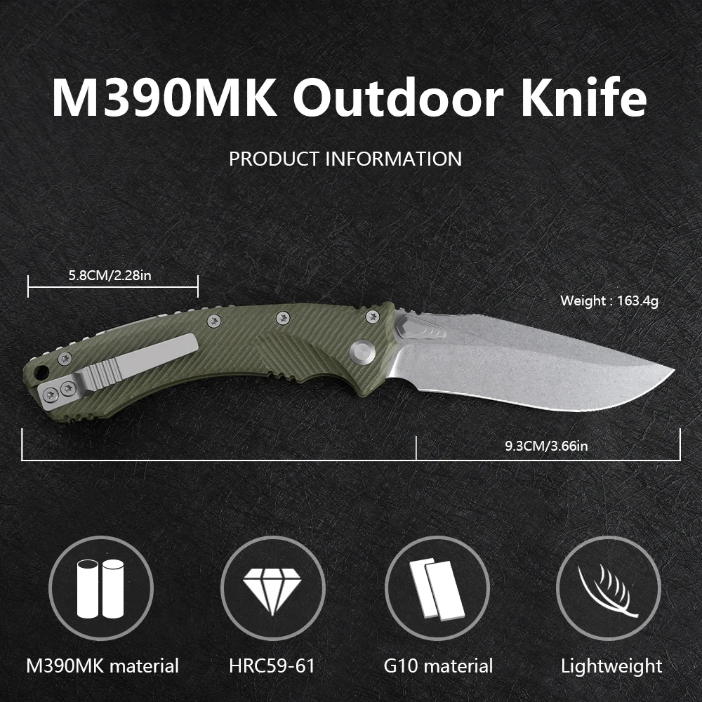 NINE THORN Ball Bearing Folding Knife with M390MK Blade, Carbon Fiber/G10 Handle, Outdoor EDC Tool for Fishing & Camping