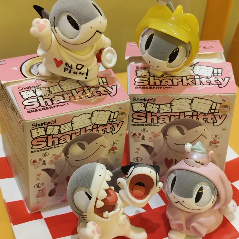 Sharkitty série dos desenhos animados anime figura colecionável modelo mistério caixa cega kawaii decoração de mesa brinquedos da moda presente