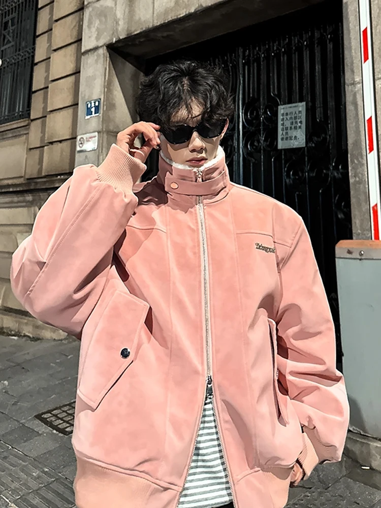 

Men's Pink Matte PU Leather Jaet Double Zipper Warmth Collar Workwear Cotton Outerwear Autumn Winter American Sle