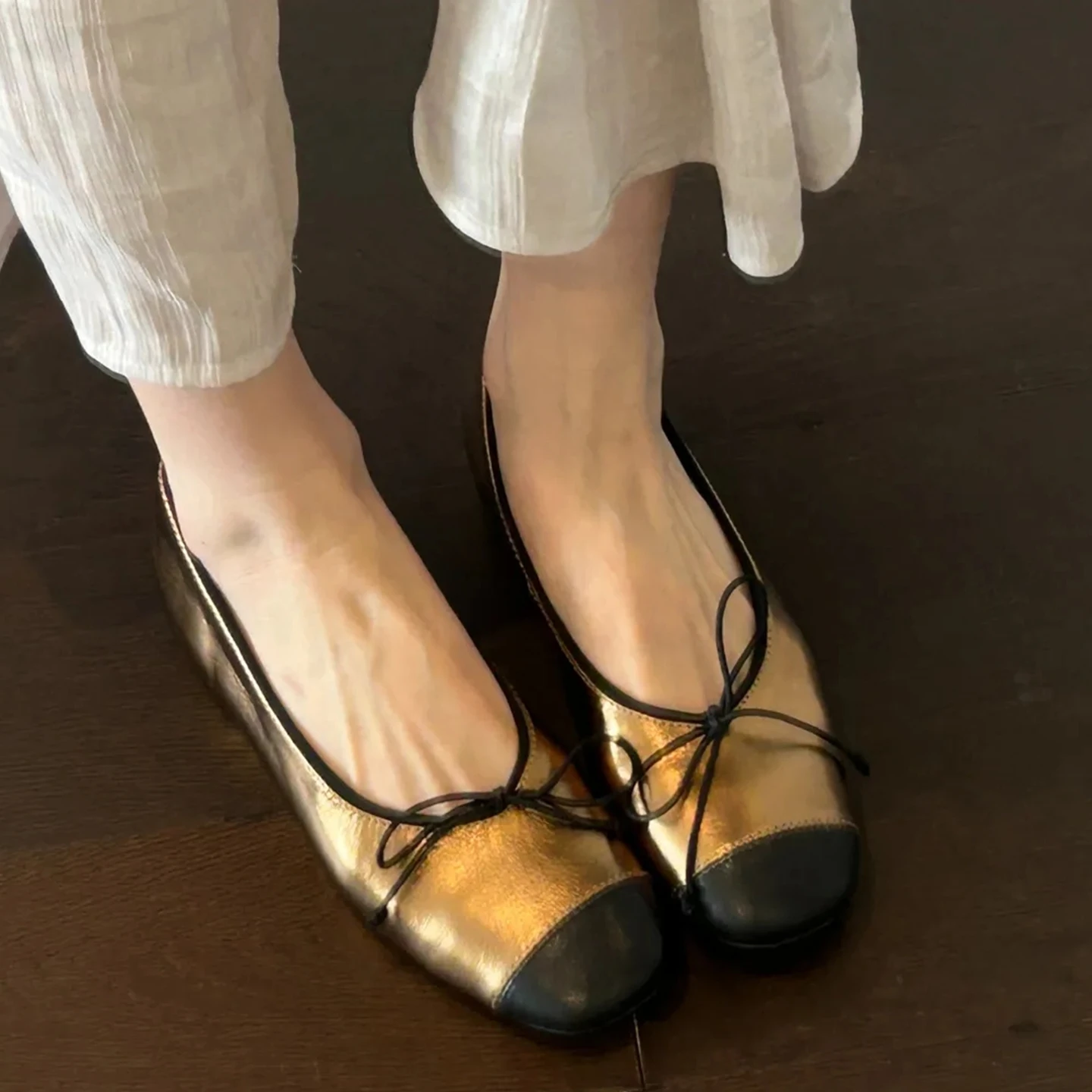 elevated-single-shoes-women's-small-fragrance-style-knot-gold-round-head-slip-on-flat-bottom-ballet-dance-shoes
