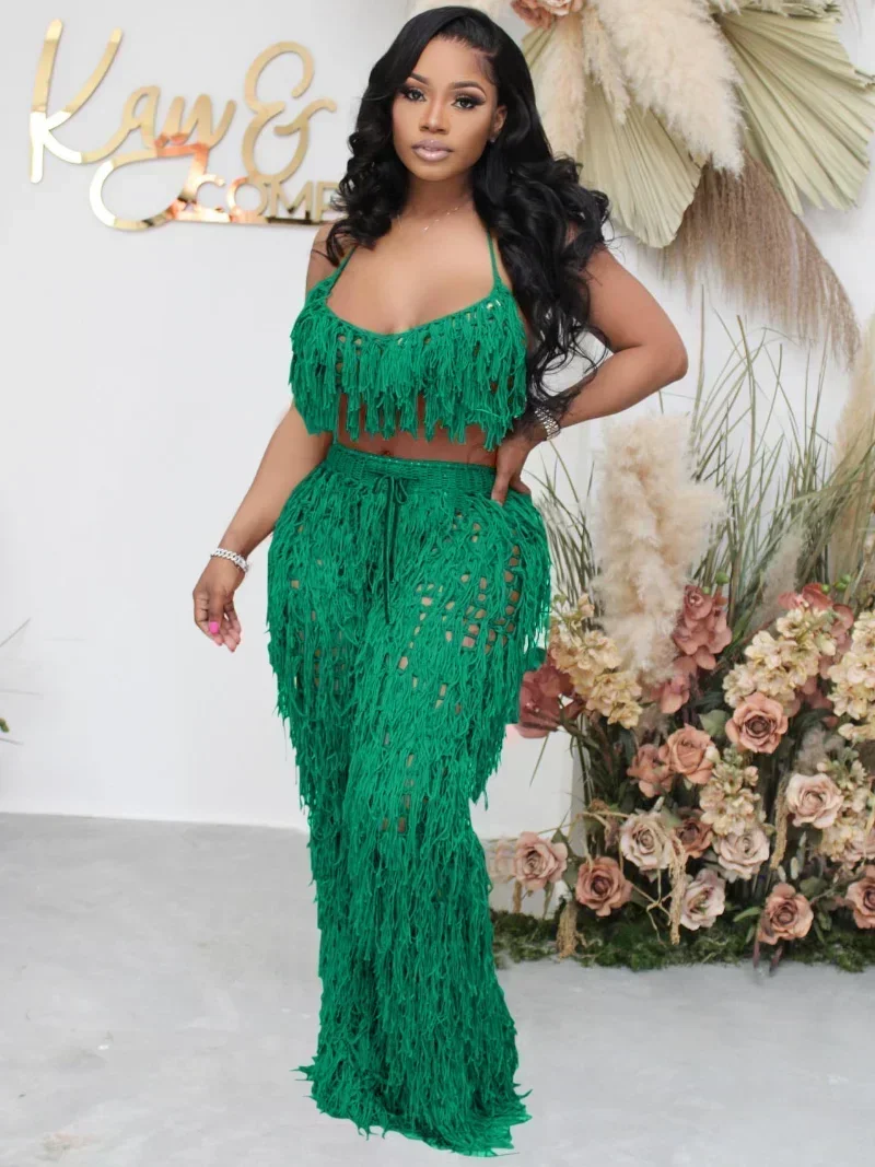 

GUWU женский комплект из двух предметов вязаный крючком лохматый пушистый одинаковый комплект с кисточками модный пляжный однотонный бюстгальтер + длинные брюки сексуальный чехол одежда