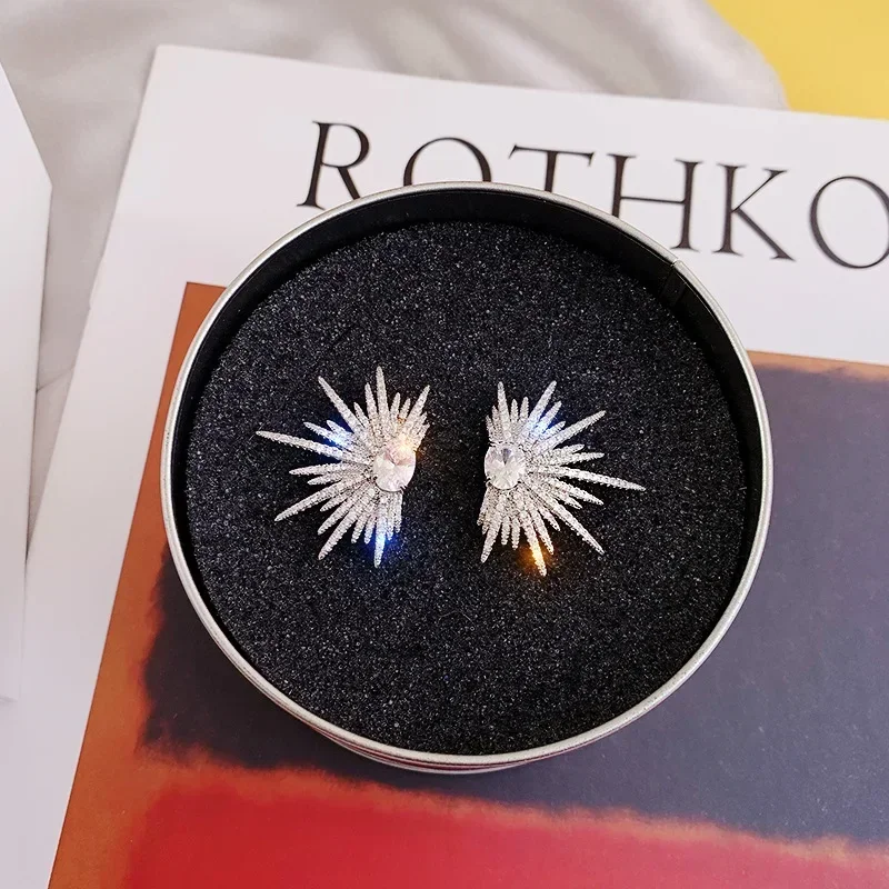New Silver Color Big Plant Luxury Stud Earrings with Bling Zircon Stone for Women Fashion Jewelry Korean Earring Gift2025 image 3