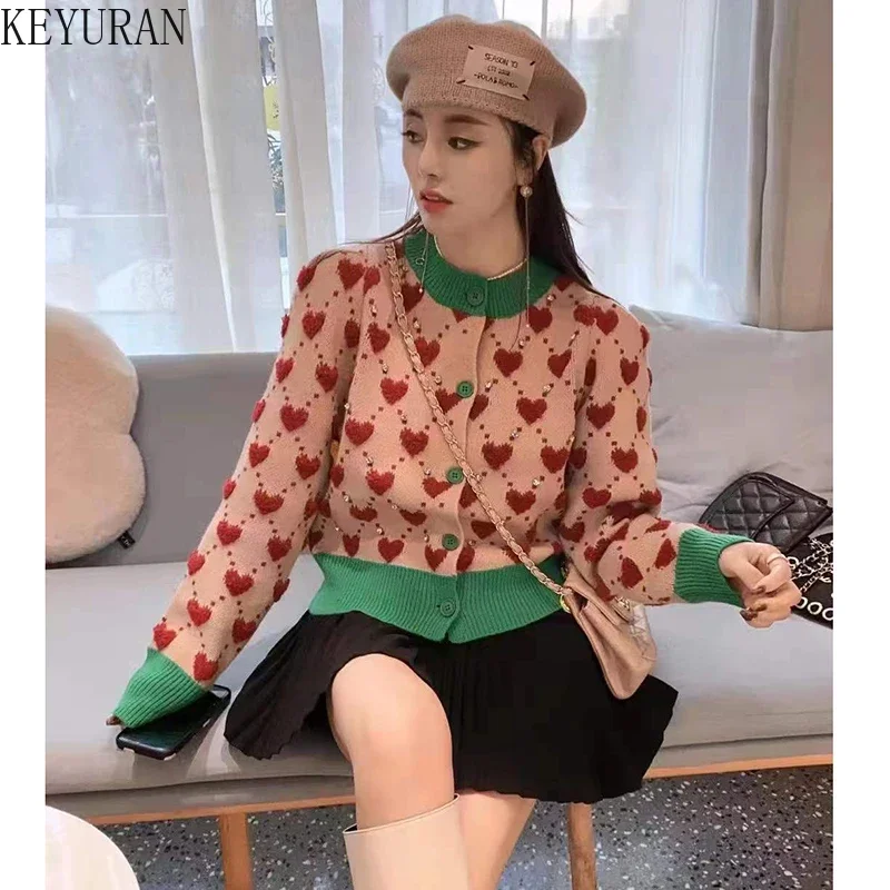 Japanese Sweater Womens Cardigans 2023 Spring Korean O Neck Long Sleeve Hit Color Love Heart with Diamond Knitted Cardigan Tops