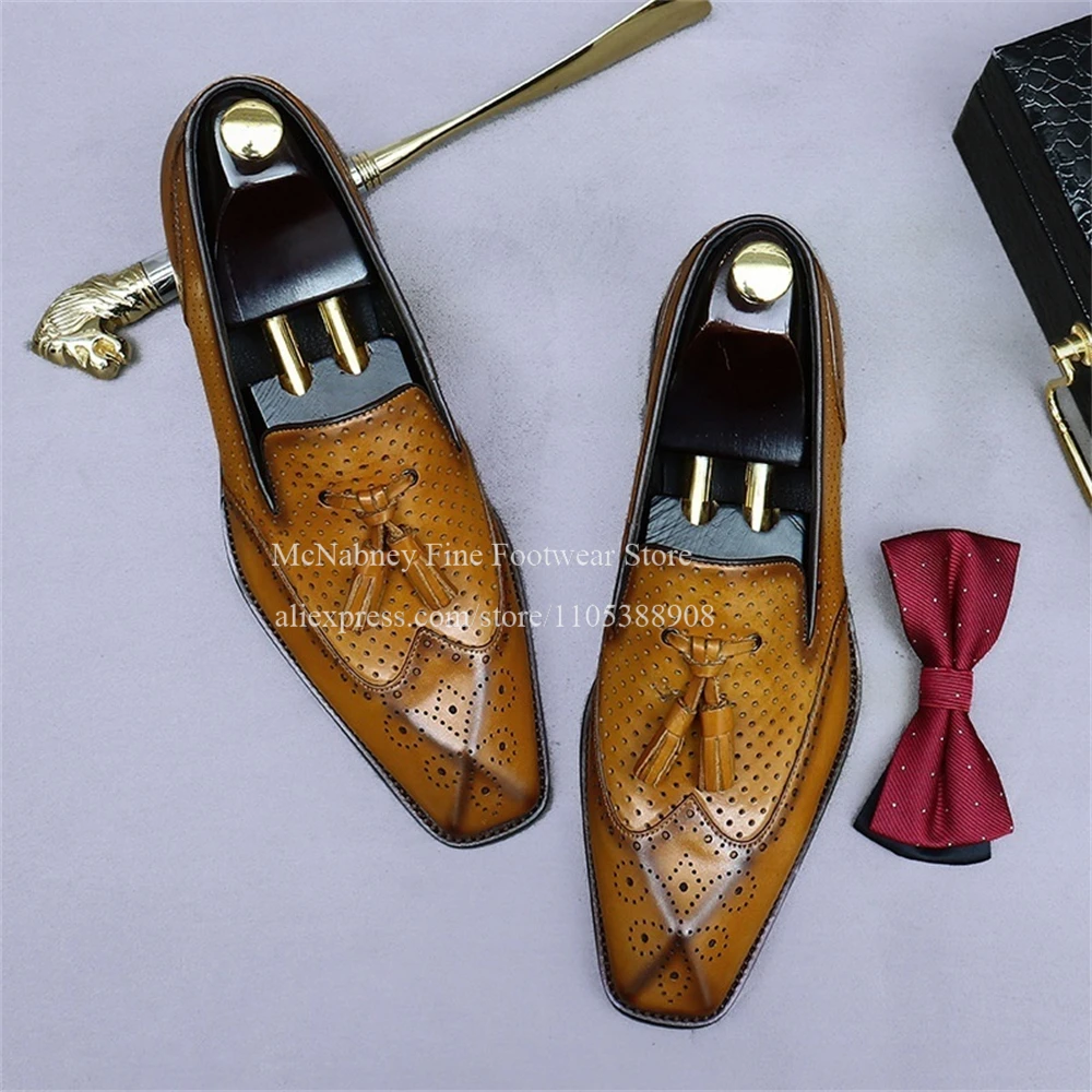 Tan Leather Tassel Brogues Wingtip Men Loafers Pointed Toe Slip on Business Formal Shoes Luxury Handmade Wedding Business Daily