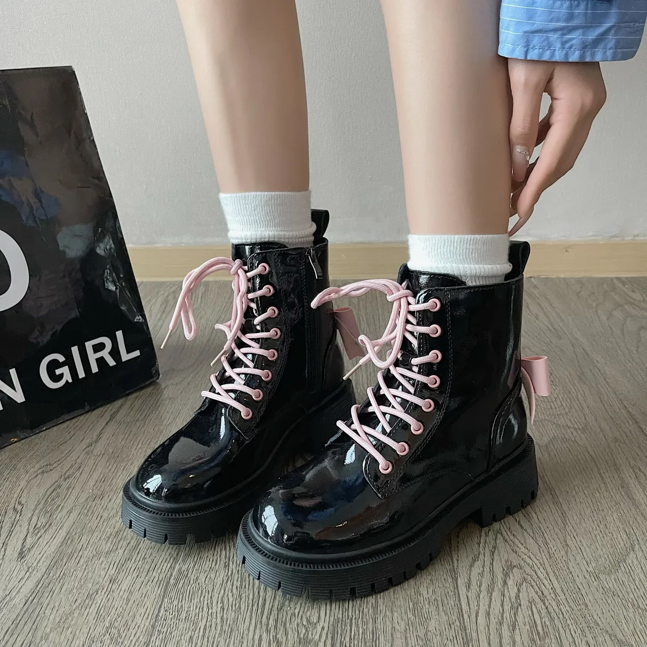 Punk Chunky Platform Motorcycle Boots Women Fashion Bowknot Lace-up Thick Bottom Ankle Boots Woman Autumn Winter Gothic Shoes