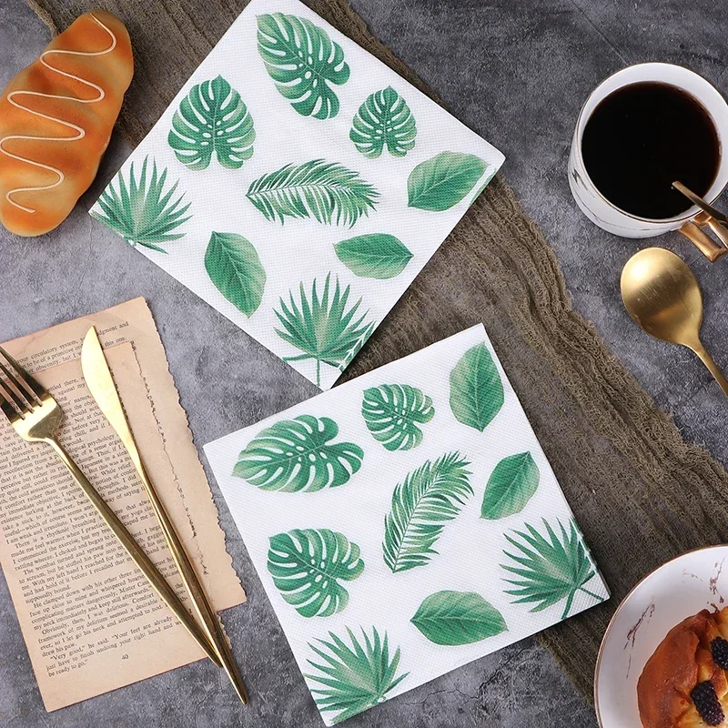 New Green Leaves Printed Napkins Colorful Green Plants Pure Wood Pulp Tissue Paper Restaurant Paper Handmade DIY Paper 20pcs/pac