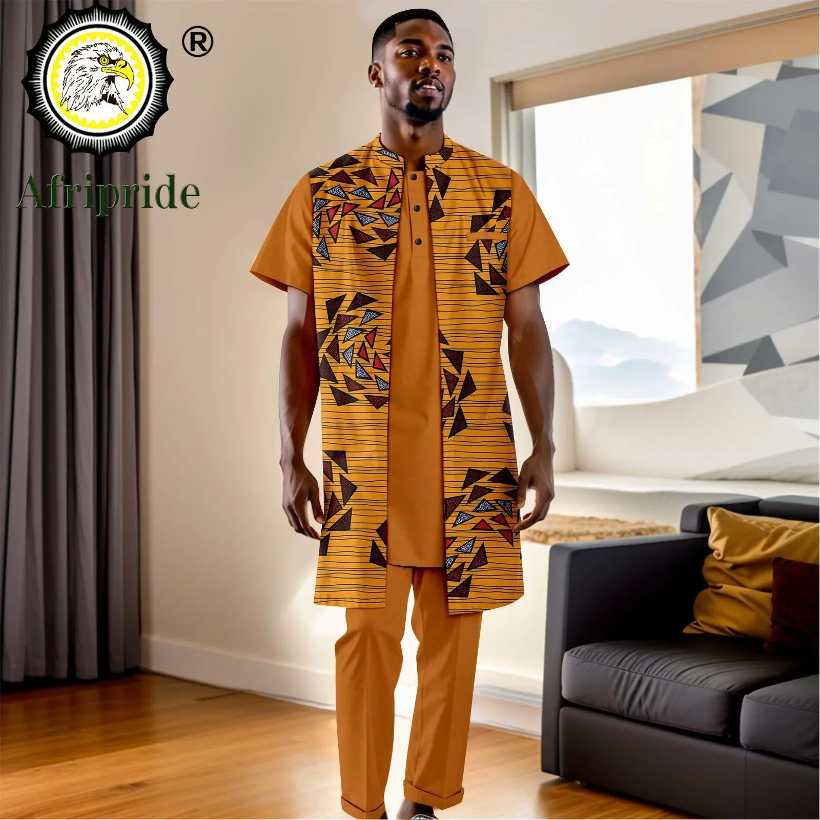 African Clothes for Men Print Jacket Short Sleeve Shirts and Pants 3 Piece Set Dashiki Outfits Plus Size Casual Attire A2316094