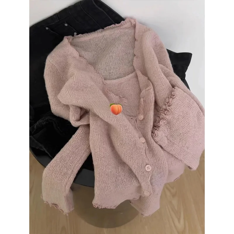 Preguiçoso sle puro desejo falso camisola de malha de duas peças novo solto casual plissado cor pura lazer topo doce sle camisola de malha