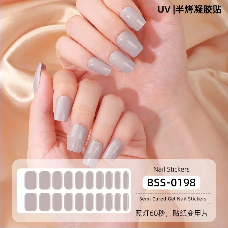 16/20/22/24 Strips Semi-cured Gel Nail Stickers new Solid Color Semi-baked Nail Patches Full paste  Nail Decals UV Lamp Need