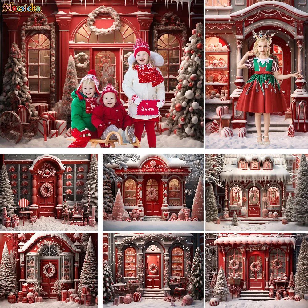 

Santa Gift Shop Photography Background Winter Snowy Candy Cane House Xmas Tree Decor Dessert Table Backdrop Studio Kids Photo