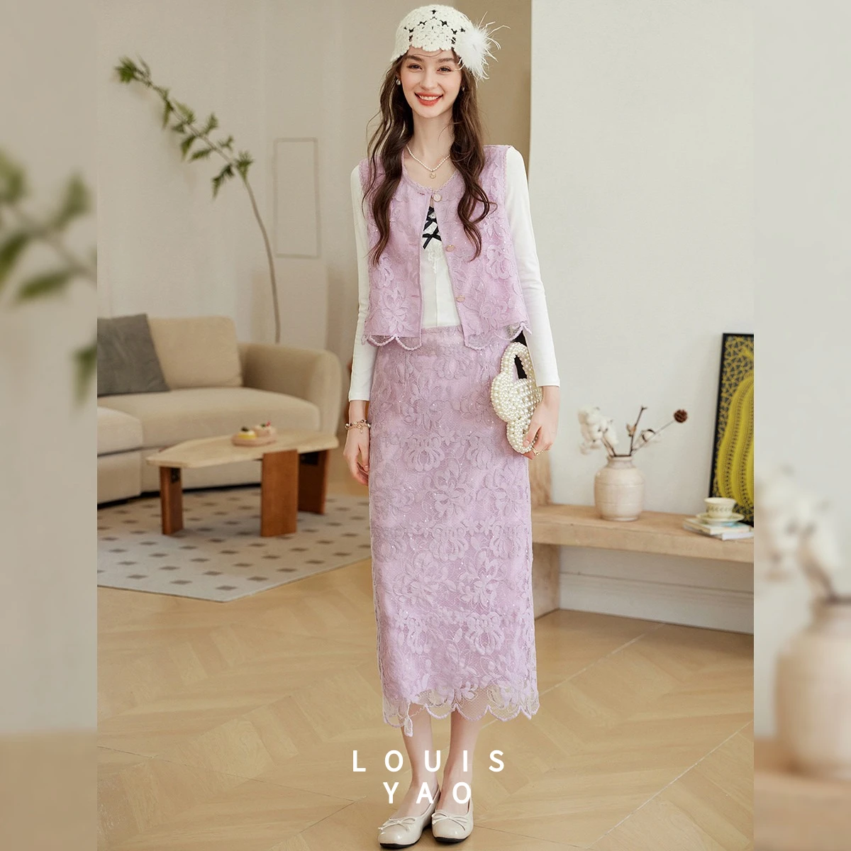 

LOUISYAO Women's Two Piece Set 2026 Spring Autumn Lace Vest + Sleeveless Straight Long Dress Crew Neck Non-Stretchy Outfit